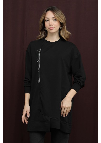 10735 2 Ip Kumaş Fermuar Detaylı Sweatshirt