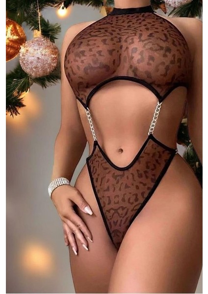 Transparan Leopar Desenli Zincir Detaylı Fantezi Body AX26650