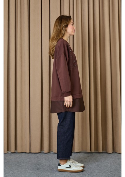 10739 2 Ip Kumaş Taş ve Nakışlı Detaylı Sweatshirt