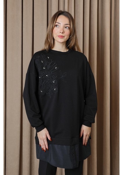 10739 2 Ip Kumaş Taş ve Nakışlı Detaylı Sweatshirt