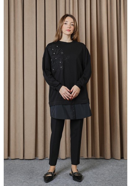 10739 2 Ip Kumaş Taş ve Nakışlı Detaylı Sweatshirt fiyatları