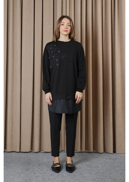 10739 2 Ip Kumaş Taş ve Nakışlı Detaylı Sweatshirt