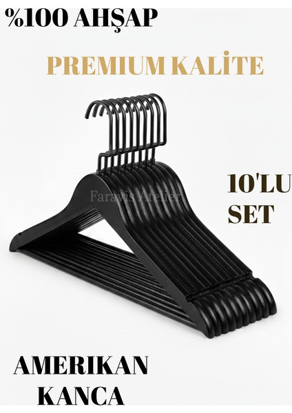 Beyaz Siyah Ceviz Ahşap Lüks Askı Kıyafet Elbise Gömlek ve Pantolon Askısı Amerikan Kanca 10 Adet
