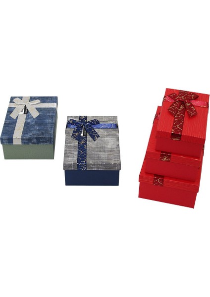 3pcs D.dörtgen Çizgili Mix Renkli Karton Hediye Kutusu Kurdelalı 22.5X15.5-20.5X13.5-18.5X11.5CM (4490)