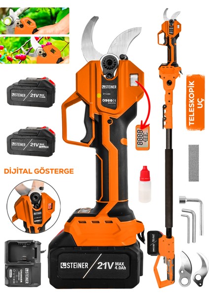 T-50 mm Dijital Kömürsüz Akülü Bağ Dal Ağaç Kesme Biçme Budama Şarjlı Makası Makinesi + Teleskop