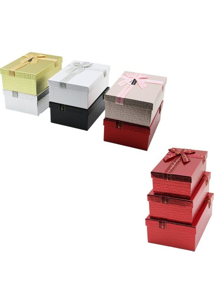 3pcs D.dörtgen Parlak Mix Renkli - Kabartma Desen Karton Hediye Kutusu Kurdelalı 22.5X15.5-20.5X13.5-18.5X11.5CM (4490)