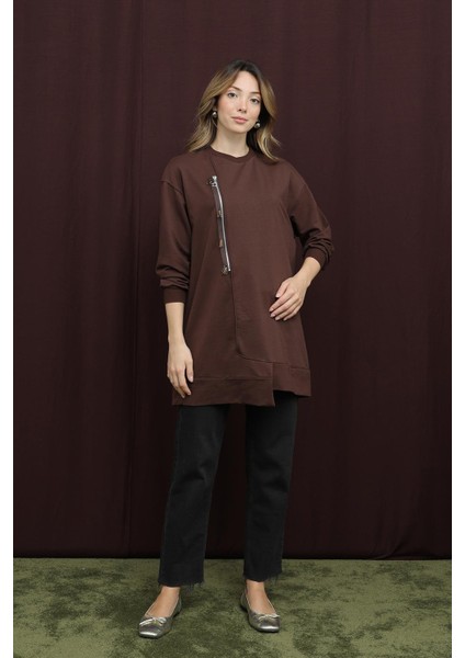 10735 2 Ip Kumaş Fermuar Detaylı Sweatshirt