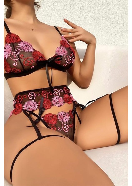 Gül Desenli Fantezi Sütyen Külot Takım AX24241