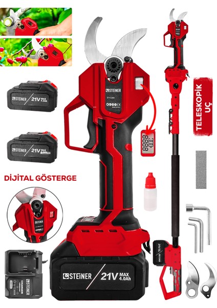 K-50 mm Dijital Kömürsüz Akülü Bağ Dal Ağaç Kesme Biçme Budama Şarjlı Makası Makinesi + Teleskop