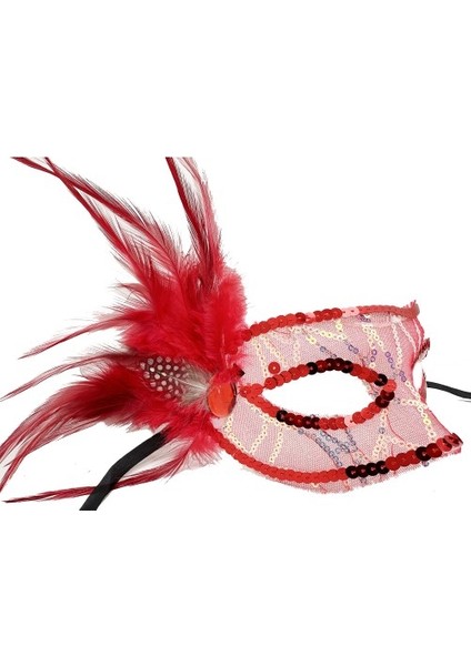 Kırmızı Yandan Tüylü Payetli Parti Maskesi fiyatları