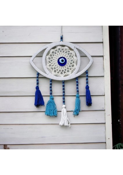 Beyaz Dantelli Ponponlu Nazar Boncuklu Duvar Süsü