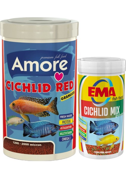 Cichlid Red Granules 1000ML, Ciklet Mix 250ML Yunus Sarı Prenses Malawi Balık Yemi