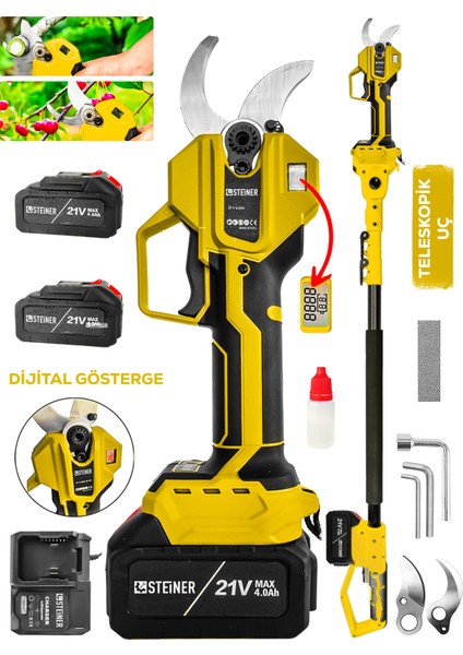 S-50 mm Dijital Kömürsüz Akülü Bağ Dal Ağaç Kesme Biçme Budama Şarjlı Makası Makinesi + Teleskop