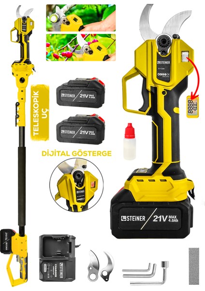 S-50 mm Dijital Kömürsüz Akülü Bağ Dal Ağaç Kesme Biçme Budama Şarjlı Makası Makinesi + Teleskop fiyatları