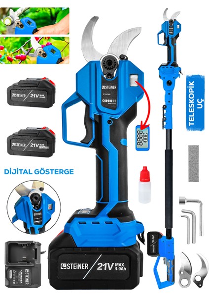 M-50 mm Dijital Kömürsüz Akülü Bağ Dal Ağaç Kesme Biçme Budama Şarjlı Makası Makinesi + Teleskop