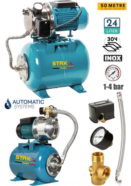 Yüksek Basınçlı Ev Tipi Paket Hidrofor Tank Seti 3-4 Bar Paslanmaz Gövdeli Jet 1.5 Hp 24LT Tank Küre