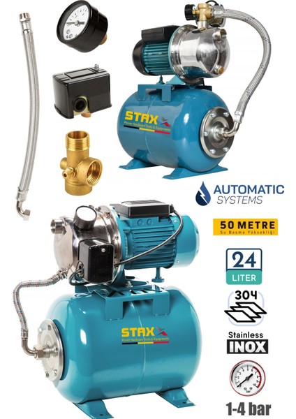 Yüksek Basınçlı Ev Tipi Paket Hidrofor Tank Seti 3-4 Bar Paslanmaz Gövdeli Jet 1.5 Hp 24LT Tank Küre fiyatları