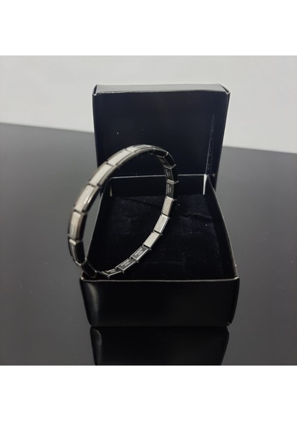 Çelik Bileklik Ince Italyan Charm Model Unisex Erkek Kadın 3 mm 18 cm Ortası Gümüş Kenarı Siyah