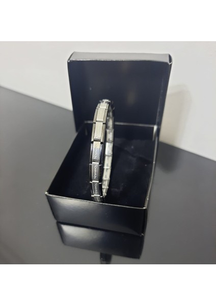 Çelik Bileklik Ince Italyan Charm Model Unisex Erkek Kadın 3 mm 18 cm Ortası Gümüş Kenarı Siyah modelleri