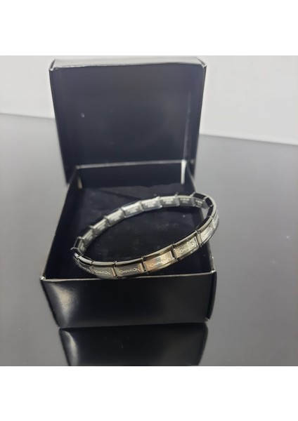Çelik Bileklik Ince Italyan Charm Model Unisex Erkek Kadın 3 mm 18 cm Ortası Gümüş Kenarı Siyah fırsatları