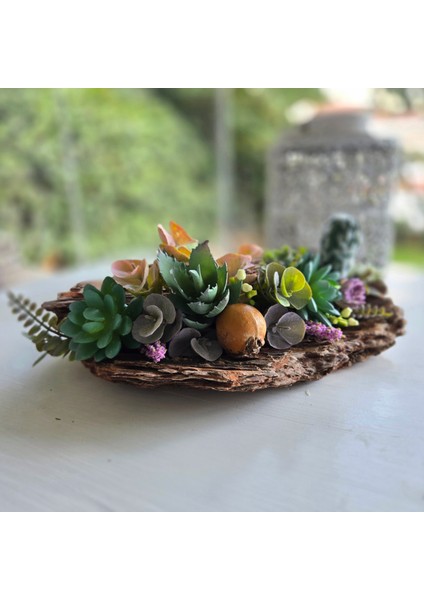 El Yapımı Ağaç Kabuğu Dekoru – Sukulent & Kaktüs Tasarımlı Doğal Masa Üstü Aranjman