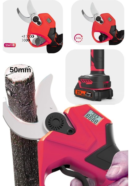 52 mm Dijital Göstergeli Kömürsüz Motor Akülü Bağ Dal Ağaç Kesme Biçme Budama Makinesi Şarjlı Makas fiyatları