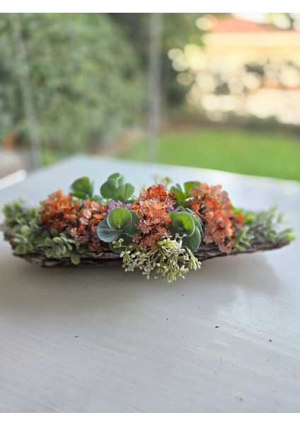 El Yapımı Ağaç Kabuğu Çiçek Aranjmanı – Turuncu & Mor Yapay Çiçekli Masa Üstü Dekor