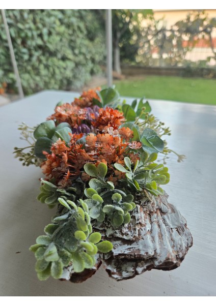 El Yapımı Ağaç Kabuğu Çiçek Aranjmanı – Turuncu & Mor Yapay Çiçekli Masa Üstü Dekor fırsatları