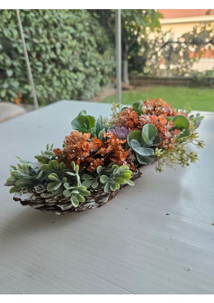 El Yapımı Ağaç Kabuğu Çiçek Aranjmanı – Turuncu & Mor Yapay Çiçekli Masa Üstü Dekor indirimleri