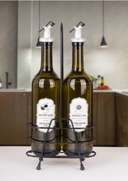 2'li Stantlı Sızdırmaz Kapak Cam Ayçiçek ve Zeytinyağı Etiketli Yağdanlık Seti 800 ml