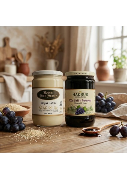 Bozkır Tahin Merkezi Enfes Ikili Beyaz Tahin 600 gr - Köy Üzüm Pekmezi 800 gr (Doğal&katkısız)
