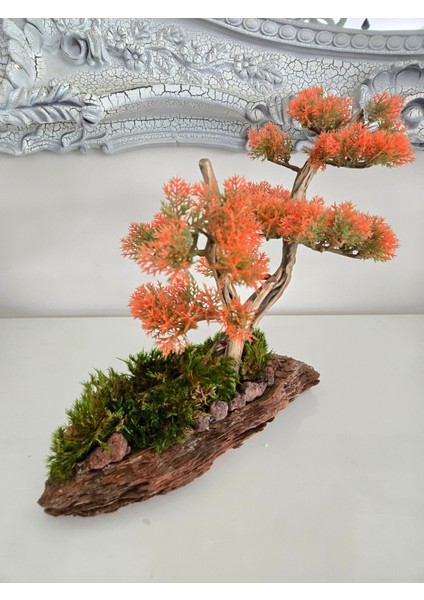 El Yapımı Turuncu Bonsai Ağaç Dekoru – Doğal Ağaç Kabuğu Tabanlı Masaüstü Biblo fiyatları