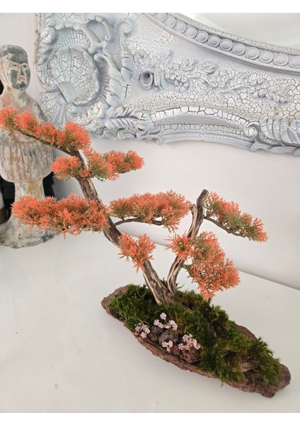 El Yapımı Turuncu Bonsai Ağaç Dekoru – Doğal Ağaç Kabuğu Tabanlı Masaüstü Biblo modelleri