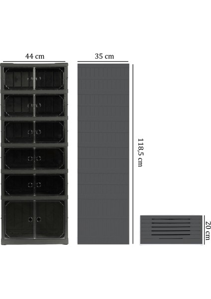 6 Raflı Çok Amaçlı, Geniş, Katlanabilir Dolap, Ayakkabılık ve Raf, Antrasit Gri