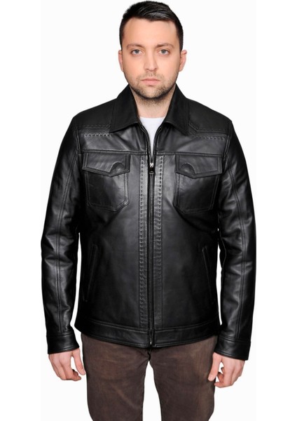 Morata Hakiki Deri Punto Dikişli Erkek Siyah Ceket