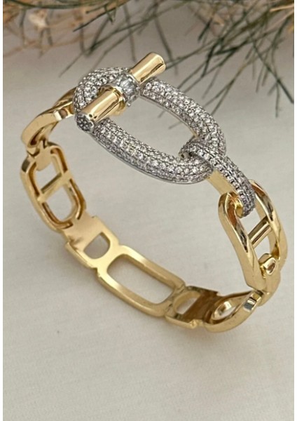 Vıp Tasarım Zirkon Taşlı Kemer Detaylı Gold Bilezik Kelepçe