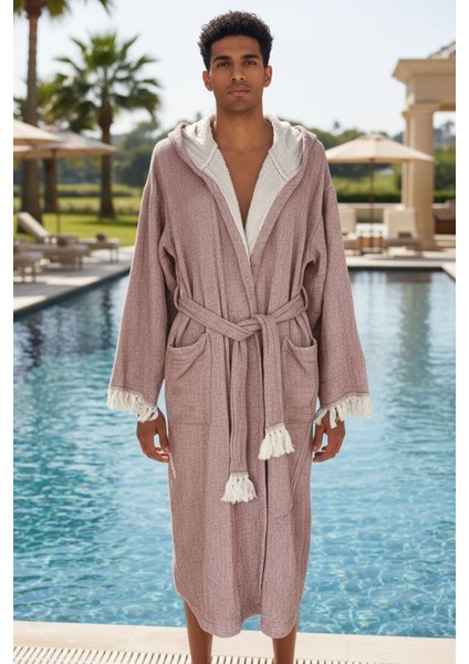 Bohem Kapüşonlu 4 Kat Müslin Organik Unisex Bornoz, Gül Kurusu