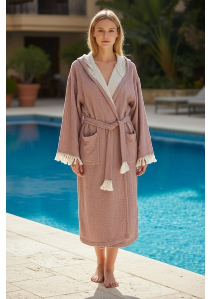 Bohem Kapüşonlu 4 Kat Müslin Organik Unisex Bornoz, Gül Kurusu