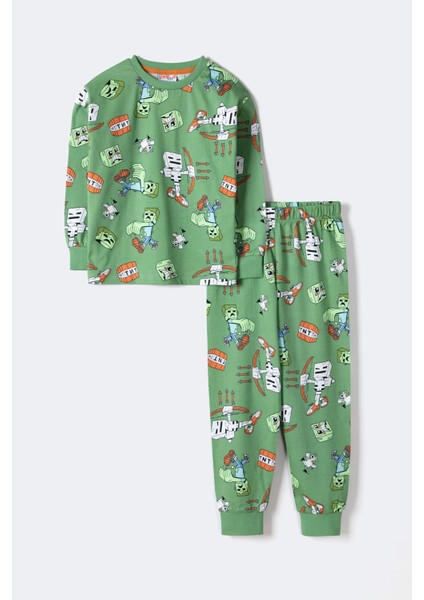 Erkek Çocuk Blok Canavarları Desenli Uzun Kollu Pijama Takımı – Yeşil (3–12 Yaş)