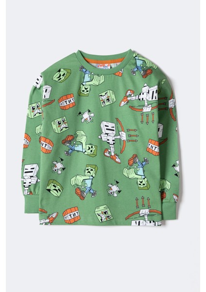 Erkek Çocuk Blok Canavarları Desenli Uzun Kollu Pijama Takımı – Yeşil (3–12 Yaş) modelleri