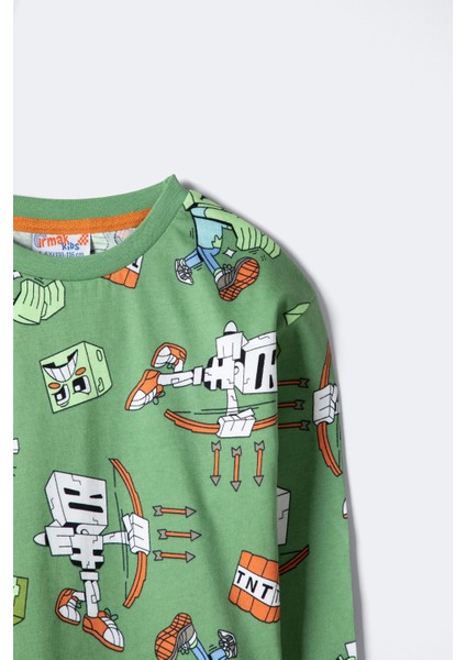 Erkek Çocuk Blok Canavarları Desenli Uzun Kollu Pijama Takımı – Yeşil (3–12 Yaş)