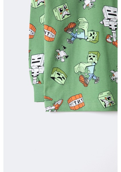 Erkek Çocuk Blok Canavarları Desenli Uzun Kollu Pijama Takımı – Yeşil (3–12 Yaş)