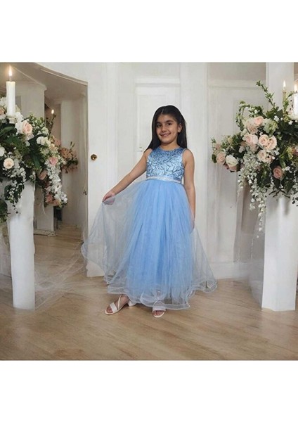 Robası Simli Uzun Kız Çocuk Abiye Elbise