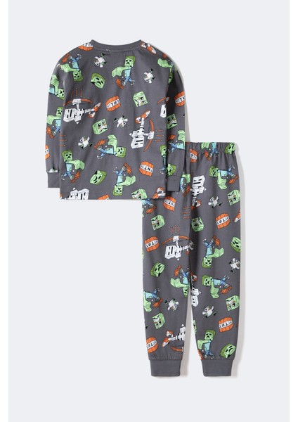 Erkek Çocuk Blok Canavarları Desenli Uzun Kollu Pijama Takımı – Gri (3–12 Yaş) fiyatları