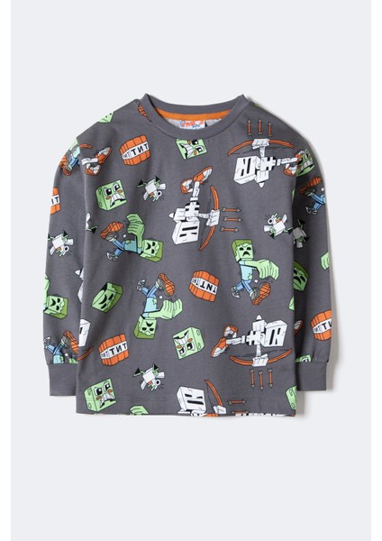 Erkek Çocuk Blok Canavarları Desenli Uzun Kollu Pijama Takımı – Gri (3–12 Yaş) modelleri