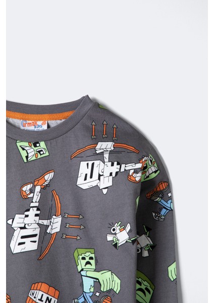 Erkek Çocuk Blok Canavarları Desenli Uzun Kollu Pijama Takımı – Gri (3–12 Yaş) indirimleri