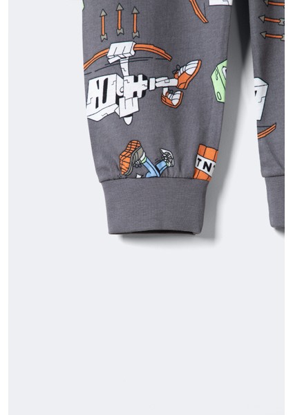 Erkek Çocuk Blok Canavarları Desenli Uzun Kollu Pijama Takımı – Gri (3–12 Yaş)