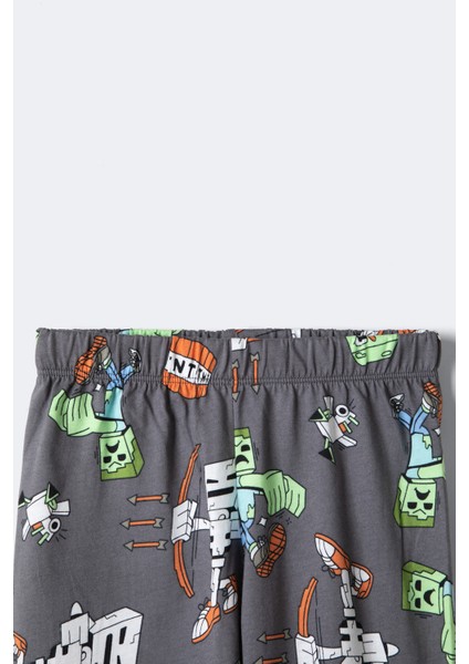 Erkek Çocuk Blok Canavarları Desenli Uzun Kollu Pijama Takımı – Gri (3–12 Yaş)