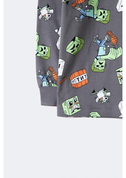 Erkek Çocuk Blok Canavarları Desenli Uzun Kollu Pijama Takımı – Gri (3–12 Yaş)