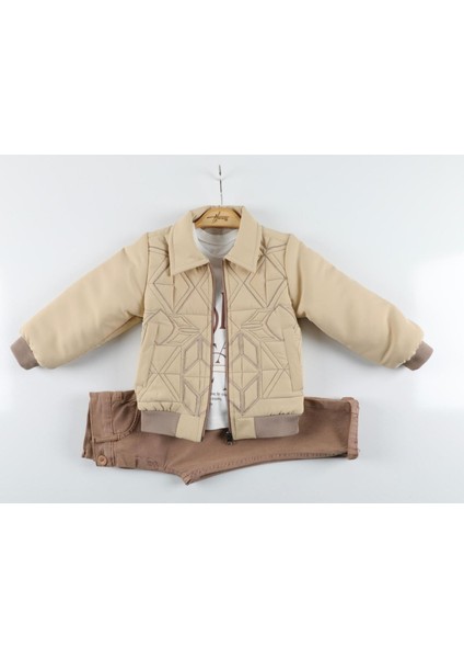 Kabartma Nakışlı Ince Mont Ceket, Iç Tişört ve Pantolonlu 3lü Erkek Takımı